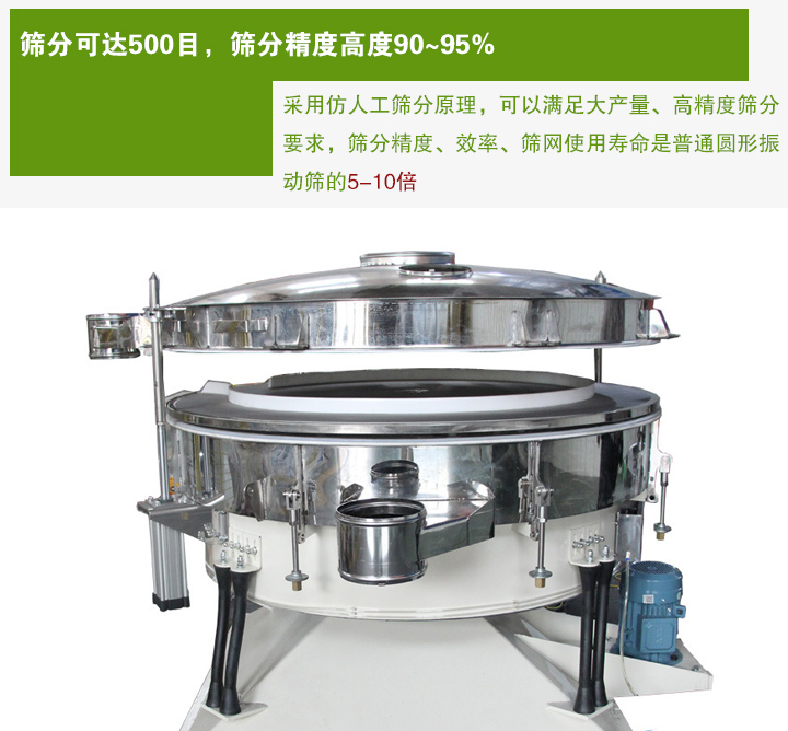 搖擺篩分機(jī)采用仿人工篩分原理，可以滿足大產(chǎn)量、高精度篩分 要求，篩分精度、效率、篩網(wǎng)使用壽命是普通圓形振 動篩的5-10倍