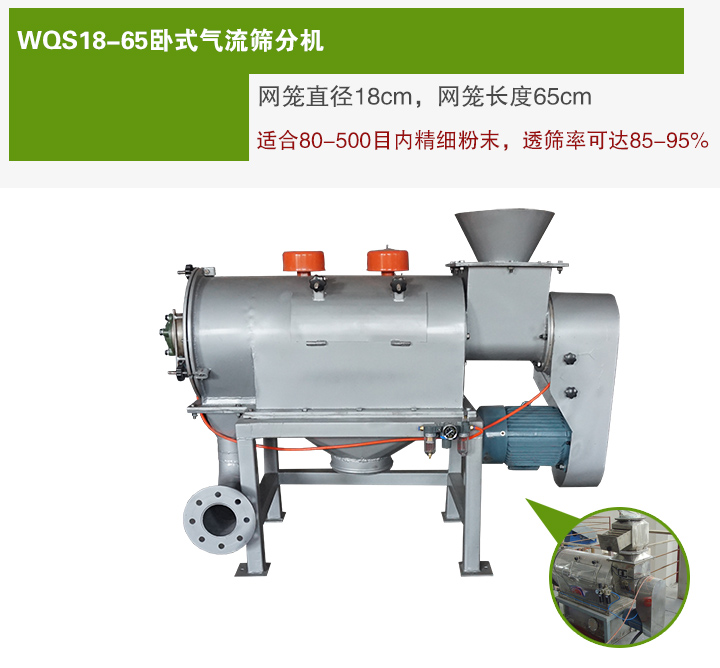 WQS18-65臥式氣流篩分機(jī)網(wǎng)籠直徑為18cm，網(wǎng)籠長度為65cm